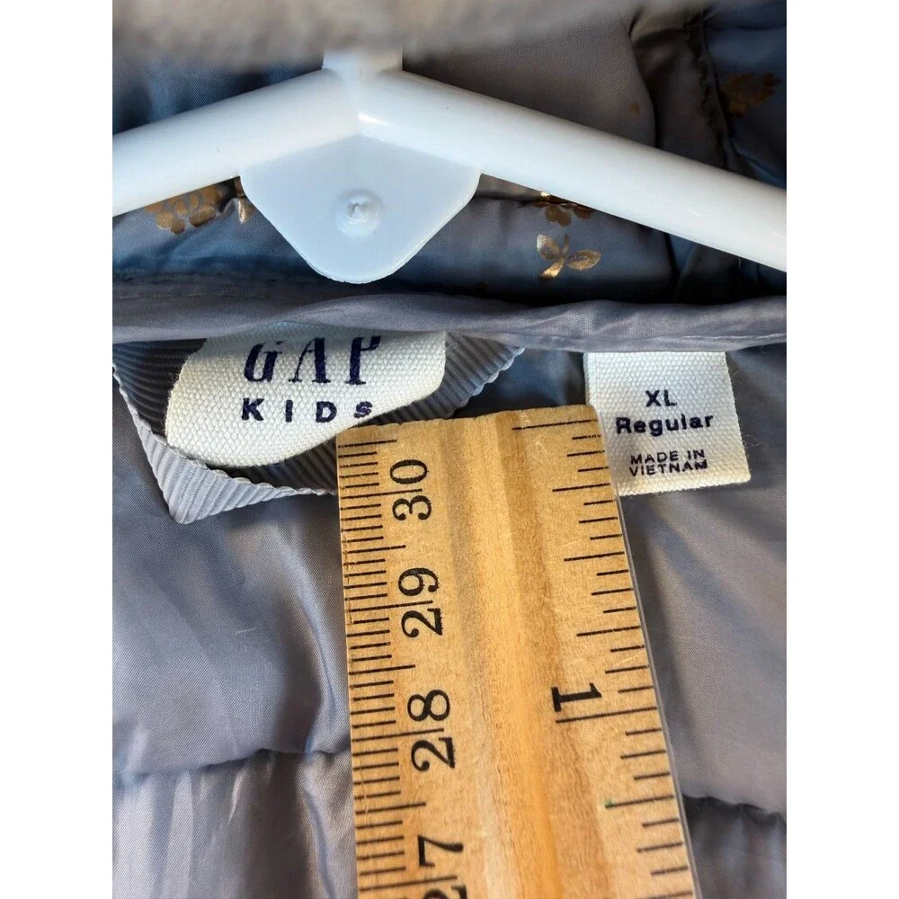 GAP Kids Girls Puffer Jacket Hooded Gray Gold Floral Quilted XL 12 13